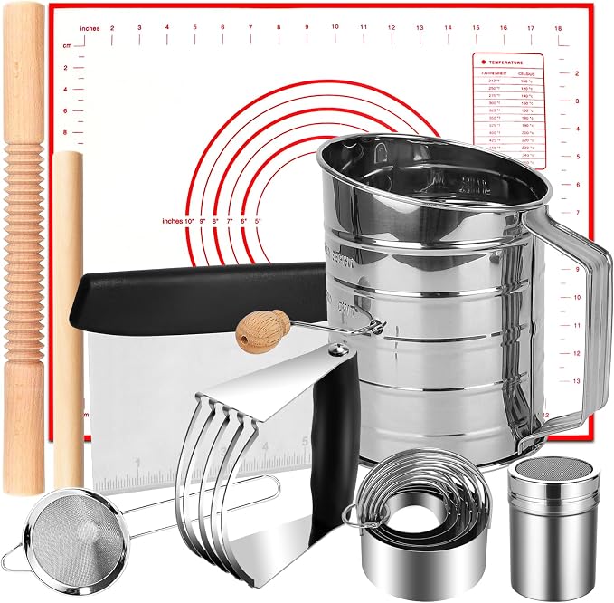 Biscuit Cutter Set, 14PCS Pastry Blender Set with Pastry Cutter, Flour Sifter, Rolling Pin, Biscuit Cutter, Dough Cutter, Powdered Sugar Shaker Duster, Fine Mesh Strainer Baking Mat for Cooking Baking