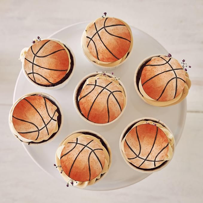 48PCS Edible Basketball Cupcake Toppers Edible Basketball Cake Decorations Sport Ball Theme Cupcake Picks for Sports Ball Theme Baby Shower Birthday Party Cake Decorations Supplies
