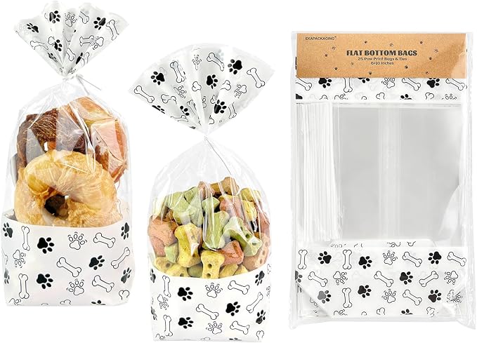 EKAPACKAGING 25Pcs 6x10 Inches Paw Print Flat Bottom Treat Bags with Twist Ties, Stand Up Dog Treat Bags for Puppy Birthday, Clear Goodie Bags for Pet Party Favors, Dog Gift Bags for Pet Biscuits