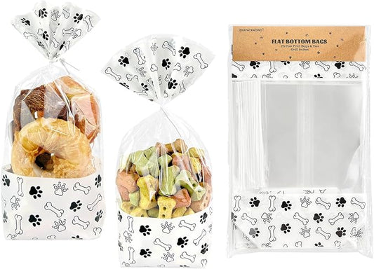 EKAPACKAGING 25Pcs 6x10 Inches Paw Print Flat Bottom Treat Bags with Twist Ties, Stand Up Dog Treat Bags for Puppy Birthday, Clear Goodie Bags for Pet Party Favors, Dog Gift Bags for Pet Biscuits
