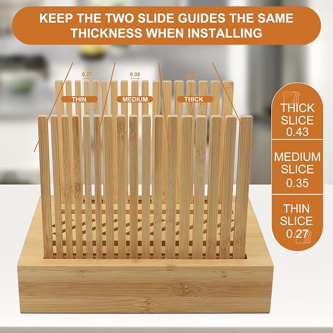 Bamboo Bread Slicer for Homemade Bread, Adjustable Width Bread Slicing Guides with Sturdy Wooden Cutting Board, Compact and Foldable - Makes Cutting Bagels or Even Bread Slices Easy, medium