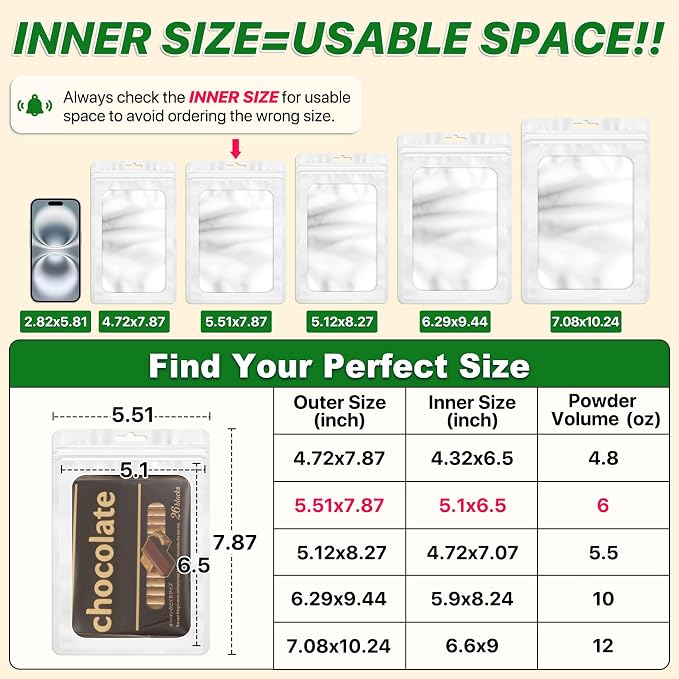ANZNKU 100 PCS Resealable Mylar Bags with Frosted Clear Window Bags Packaging Bag Foil Pouch Zipper Bag for Food Self Sealing Storage Supplies (5.51x7.87, White)