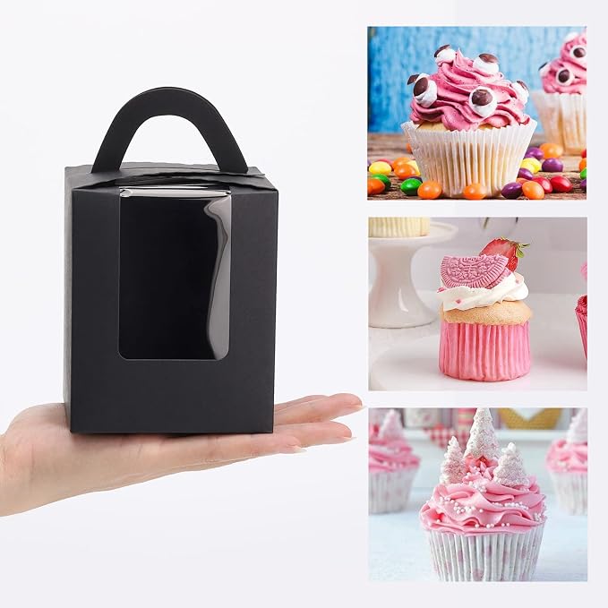 acDesign 100Pcs Cupcake Boxes With Window 3.6in*3.6in*4.3in Single Individual Cupcake Boxes With Handle and Inserts for Wedding Birthday Party Treats Gift,Black