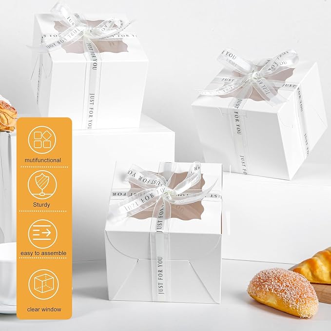 48PCS 7x7x5 inch Mini Cake Boxes with Cake Boards(24 Boxes &24 Boards) , White Bakery Boxes with Window for Pastries,Cake Containers with Ribbon for Cookies Gifts and Birthday Party(7*7*5inch/24pcs)