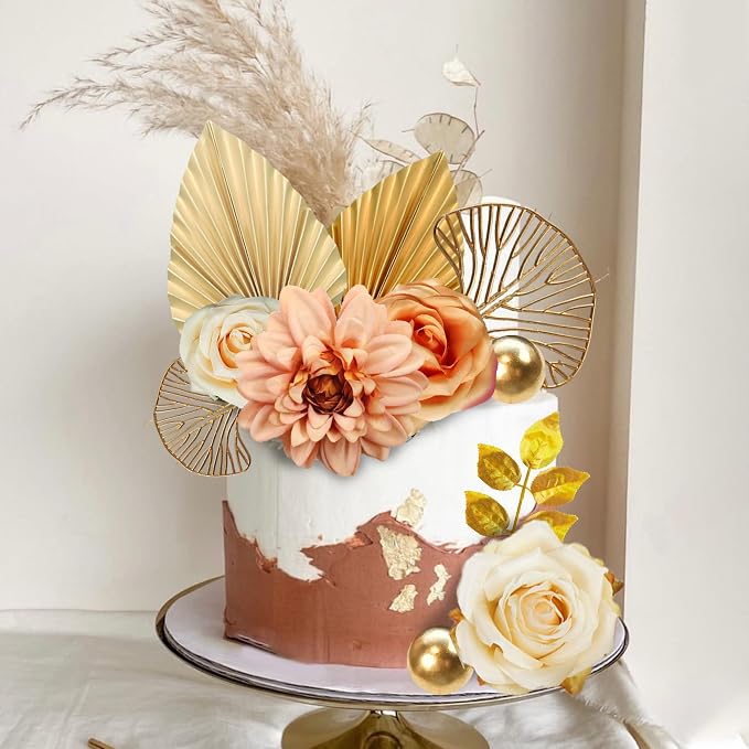 DRWATE Cake Topper, 11pcs Boho Flower Gold Leaves Cake Decorations for Wedding Baby Shower Birthday Party Supplies
