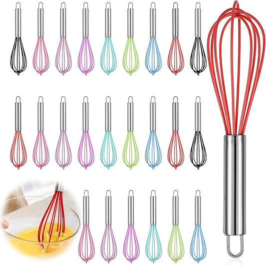 24 Pcs 8 Inch Whisks Bulk for Cooking, Silicone Whisks Non Scratch Stainless Steel Hand Whisk Large Coated Metal Heat Resistant Egg Beaters for Cooking