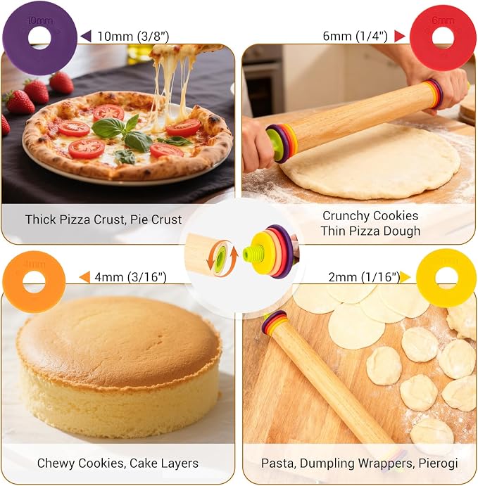 Adjustable Rolling Pin with Thickness Rings, Wooden Dough Roller & 12 Stainless Steel Cookie Cutters Set – 5-in-1 Baking Kit for Pizza, Fondant, Pie, Cookies, Pastry, 17" Non-Stick Wood