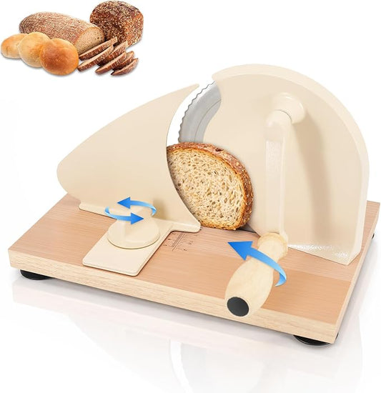 Manual Bread Slicer for Homemade Sourdough Bread, Adjustable Thickness Hand Crank Bread Cutter with Scale Lines, Suction Cup Base, Metal Guide & Sharp Stainless Steel Blade (Cream)