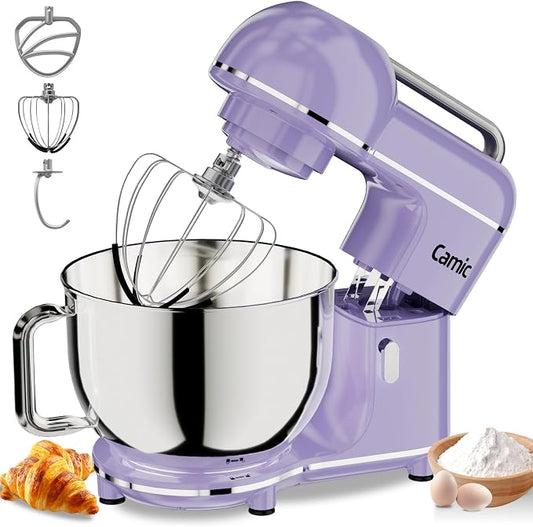 Camic Electric Stand Mixer,7.45 QT,10 Speeds with Dough Hook,Whisk, Flat Beater Attachments, Splash Guard, Easy-Carry Top Handle,3-IN-1 Kitchen Mixer for Baking Cakes Cookie Bread Salad (Purple)