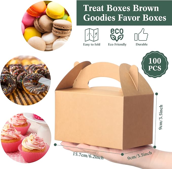 Mimorou 100 Pack Brown Gable Boxes Bulk with Tags and Twine,Thank You Gift Party Favor Boxe for Candy Cookies, Treat Boxe for Father’s Day 4th of July Birthday Wedding Bridal Shower 6.2 x 3.5 x 3.5