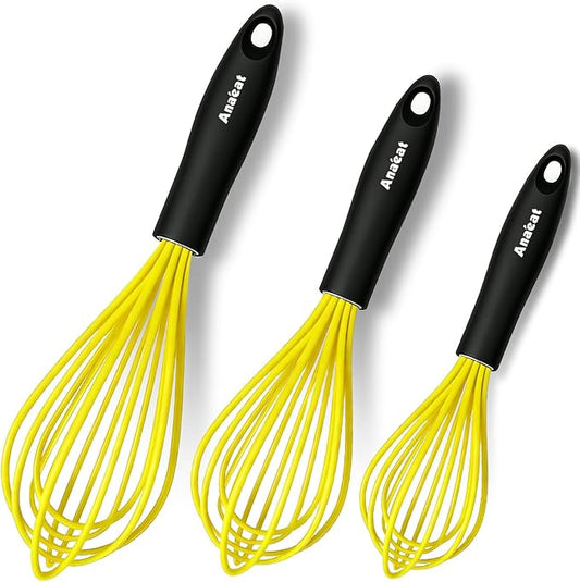 Anaeat Silicone Whisk, Thick Stainless Steel Wire Inner Heat Resistant - Kitchen Whisks for Non-Stick Cookware, Balloon Egg Beater for Whisking, Blending, Beating, Frothing & Stirring (Yellow)