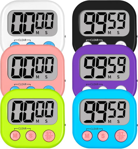 Lasubst Digital Kitchen Timers for Cooking, Magnetic Classroom Timers for Teachers Kids, Back to School Supplies Bulk (6 Pack, Black White Pink Purple Blue Green)