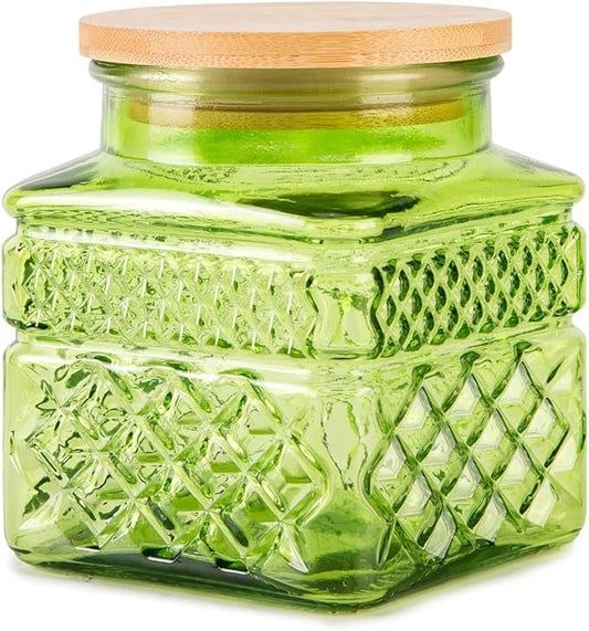 Glass Storage Canister with Airtight Lids, 20.3 FL OZ Thick Glass Candy Jar for Coffee Bean, Cocoa powder,Dog treats, Snacks Vintage Decorative Square Glass Jars for Coffee Bar Kitchen Party Counter