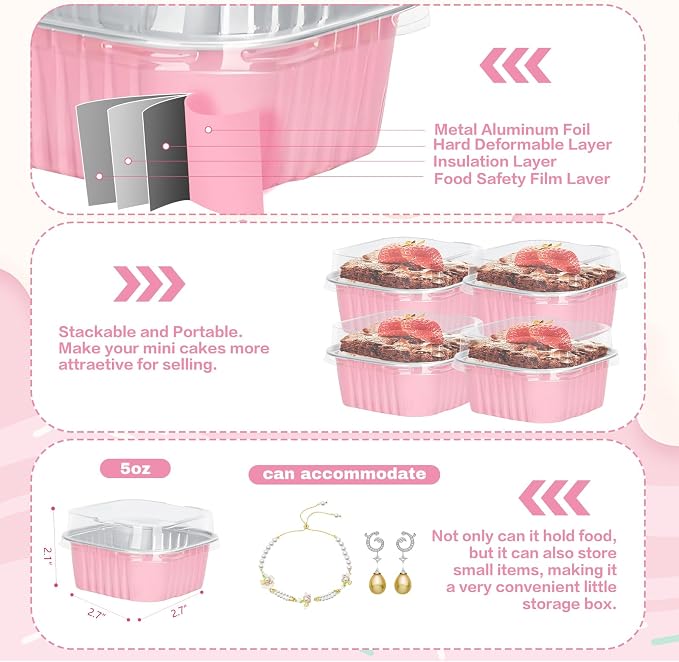100Pack 5oz Pink Mini Cake Pans with Lids Baking Cups Aluminum Foil Pans Tins, Individual Dessert Cups Containers for Sales,Party,Picnics