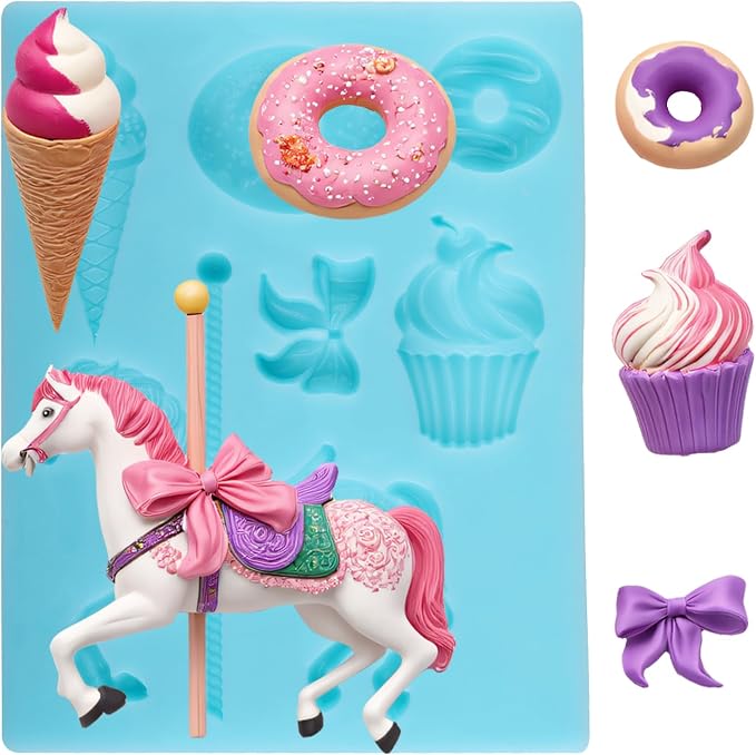 Carousel Horse Fondant Molds Ice Cream Doughnut Silicone Chocolate Molds for Cake Decorating Cupcake Topper Candy Gum Paste Polymer Clay