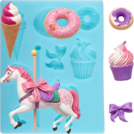 Carousel Horse Fondant Molds Ice Cream Doughnut Silicone Chocolate Molds for Cake Decorating Cupcake Topper Candy Gum Paste Polymer Clay