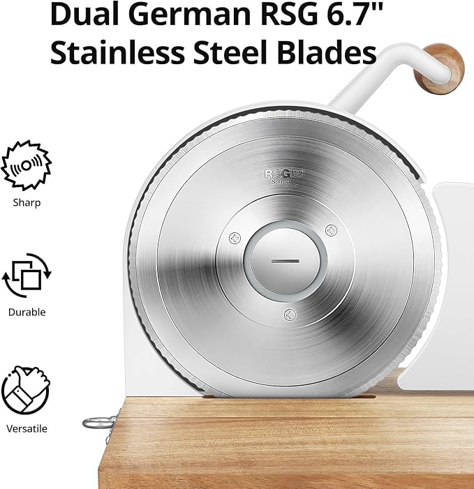 Foldable Manual Bread Slicer with Dual German RSG Blades, Homemade & Sourdough Bread, Adjustable Thickness & Scale, Hand Crank Cutter, Durable Aluminum Alloy Body & Acacia Wood Base