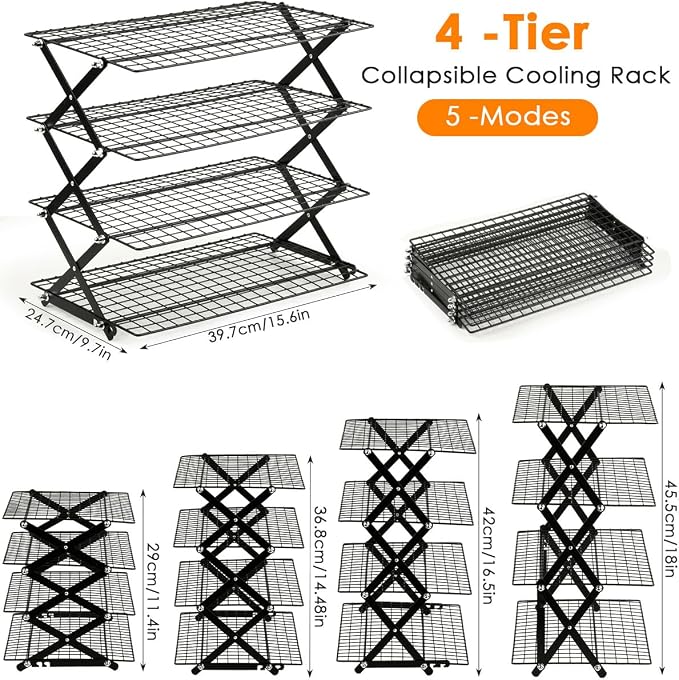 OTYMIOW Collapsible Cooling Rack with Adjustable 3 Setting Design Adjustable ＆ Stackable Baking Rack, X-Shaped Structure Cooling Rack for Cooking and Baking, Picnic Party (4 Tier)