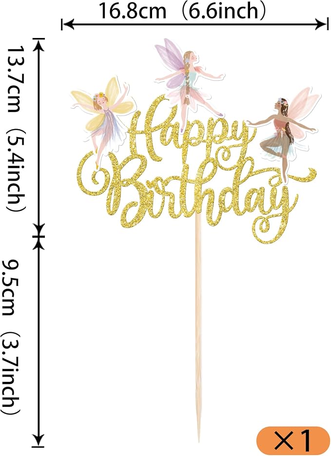 Rsstarxi 1 Pack Fairy Happy Birthday Cake Topper Floral Fairies Cake Pick Garden Fairy Cake Decorations for Fairy Theme Birthday Baby Shower Party Decorations Gold