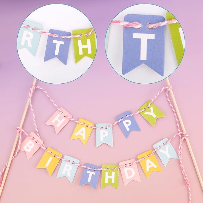 Gosknor Happy Birthday Flag Banner Cake Topper, Handmade Pennant Birthday Cake Flag Decoration for Party Decorations Supplies (Macaron Colors)