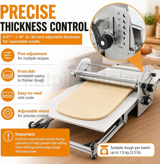 40" Commercial & Home Electric Dough Sheeter, Foldable Dough Roller Machine, Food-Grade Stainless Steel, Adjustable Thickness for Croissants, Puff Pastry, Pasta Sheets, Tortillas, Roti