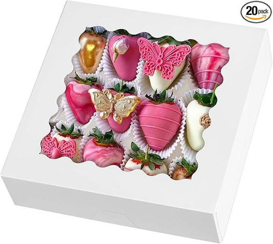 ZORRITA Pie Boxes with Window, 9" x 9" x 2.5", 20 Pack, White | Auto Pop-up, Bakery Boxes, For Chocolate Covered Strawberry, Cookies, Treats, Pastry, Donuts, Muffins