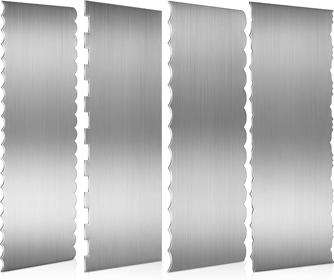 Geiserailie 4 Pieces Stainless Steel Cake Ice Scraper Metal Smoother Large Double Sided Patterned Edge Stripe 9 Inch Metal Cake Decorating Comb for Icing Mousse Butter Cream Decoration, 4 Styles