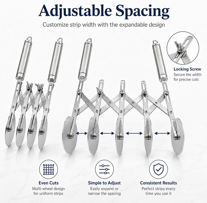 Wheel Adjustable Pasta Cutter with Handle - Stainless Steel Multi-Tool for Baking Pastry, Pizza, Noodles & Pie Crust (7 Roller)