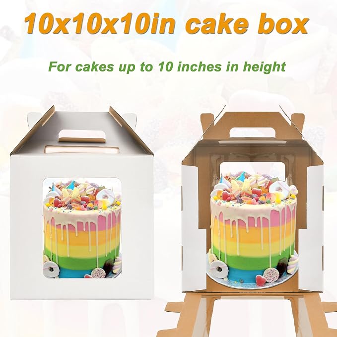 10x10x10 Inch Tall Cake Boxes with windows,8in 10in Tall Cake Carrier, Layer Cake Box,Large Tiered Cake Box,Durable White Bakery Box,Large cake box(2pack)