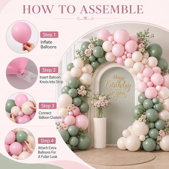 Dusty Pink and Green Balloon Arch Kit, 122Pcs Sage Green Macaron Dusty Pink Ivory White Matte Balloons for Girls Flower Birthday Bridal Wedding Engagement Floral Baby Shower Party Decorations