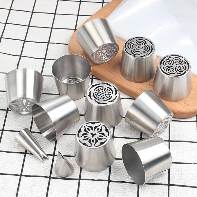 22 Pcs Stainless Steel Extra Large Russian Tulip Flower Icing Tips Set, 10 XXL Piping Nozzle,1 Big Leaf Tip,1 Petal Rose Flower Tip,10 Disposable Pastry Bags for Cake Decorations