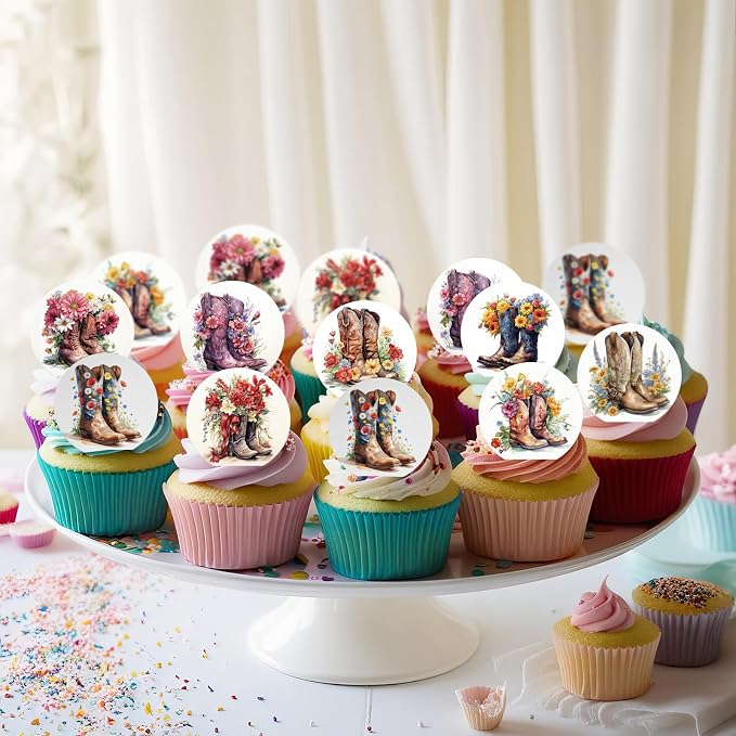 36PCS Edible Floral Horse Boots Cupcake Toppers Wafer Paper Pop-up Derby Horse Racing Cake Picks Edible Rodeo Western Boots Cupcake Toppers for Jockeys Equestrian Theme Supplies