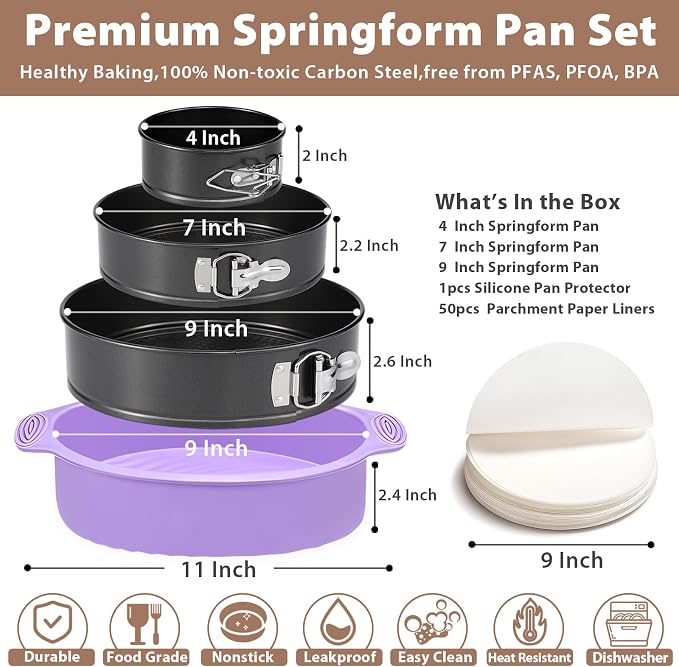 Springform Pan Set of 3 Leakproof Spring Form Pan for Cheesecake, Nonstick 4 7 9 Inch Cheesecake Pan with Silicone Protector, Springform Cheese Cake Pans Sets for Baking with 50Pcs Parchment Paper