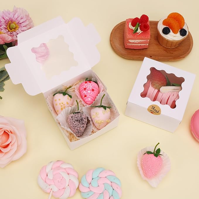 Moretoes 24pcs White Cookie Boxes, 4x4x2.5 Inches Small Bakery Boxes with Stickers for Small Cookies, Treats, Desserts, Chocolate Covered Strawberries, Mini Cake