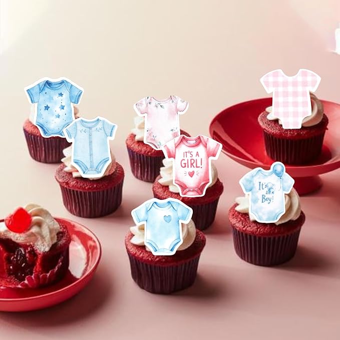 64 PCS Edible Bodysuit Cupcake Toppers Gender Reveal Cupcake Picks Edible It's a Boy Girl Gingham Theme Party Decorations for Gender Reveal Baby Shower Birthday Party Cake Decorations Supplies
