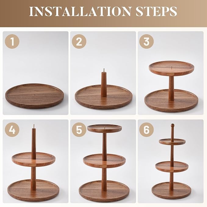 BURMAN Cupcake Stand Dessert Table Display Set – 2 in 1 Adjustable Height Rustic Natural Acacia Cupcake Holder Round Wood Tray – Three Tiered Serving Stand with Rotating Wheels, Anti Slip Stickers