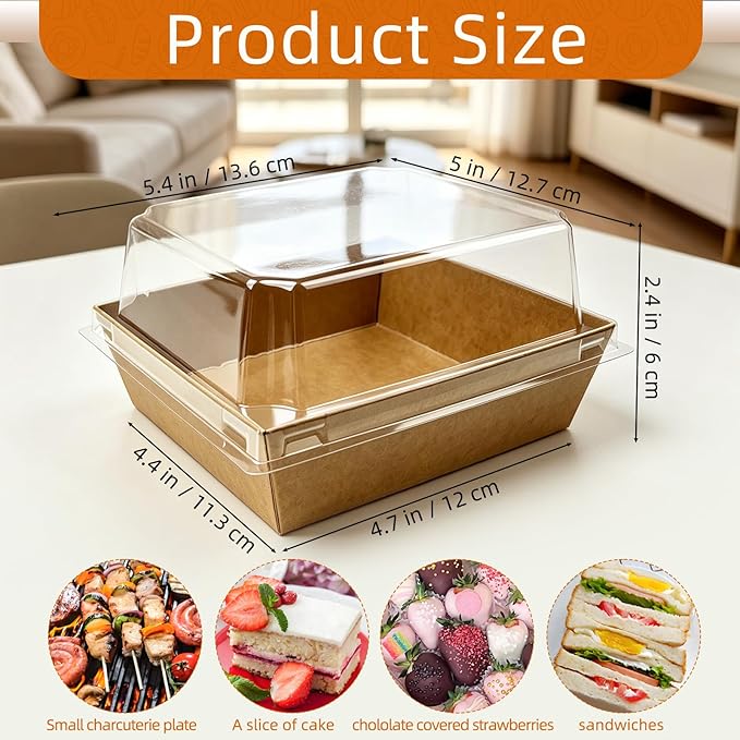 Nexboraque 100 Pack Small Charcuterie Boxes with Clear Lids, 5 Inch Disposable Square Paper Bakery Dessert Sandwich Box Mini to Go Food Containers for Cookie, Sushi, Cake Slice, Muffins
