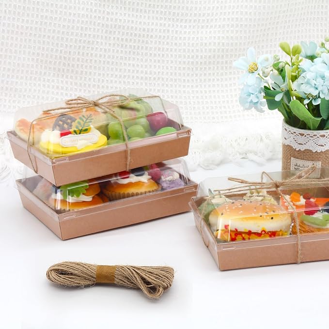 7x5x2.5 Charcuterie Boxes with Clear Lids, Large Disposable Bakery Dessert Boxes, Bakery Take Out Containers, To Go Food Container for Chocolate, Sandwich, Cookie, Cupcake, Pastries (50, Brown)