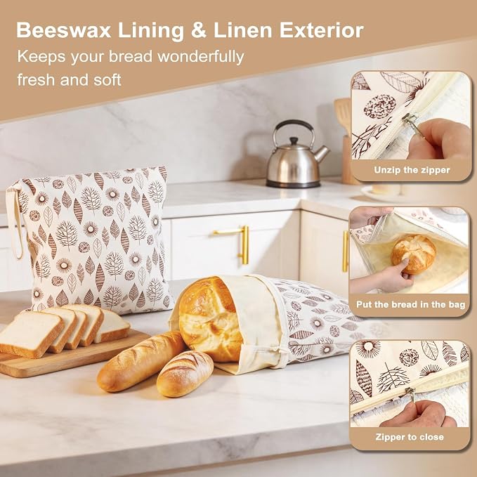 2 Pack Wide Zipper Beeswax Bread Bags for Homemade Bread 17"×13" | Beeswax Linen Cotton Sourdough Bag, Homesteading Essentials Sourdough Bags with Zip to Keep Fresh