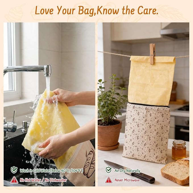 2-Pack Reusable Beeswax Bread Bags for Sourdough & HomemadeBread with Zipper, 16.5 x 13 inch bread bags for Food Storage