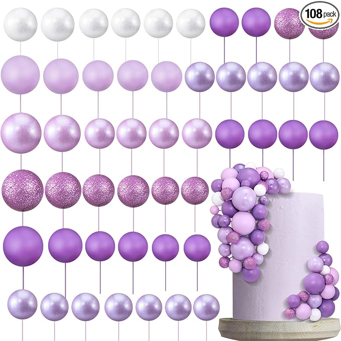 108 Pcs Balls Cake Topper DIY Cupcake Insert Foam Balloons for Cake Baking Wedding Anniversary Birthday Decoration(Assorted Purple,Multi Sizes)