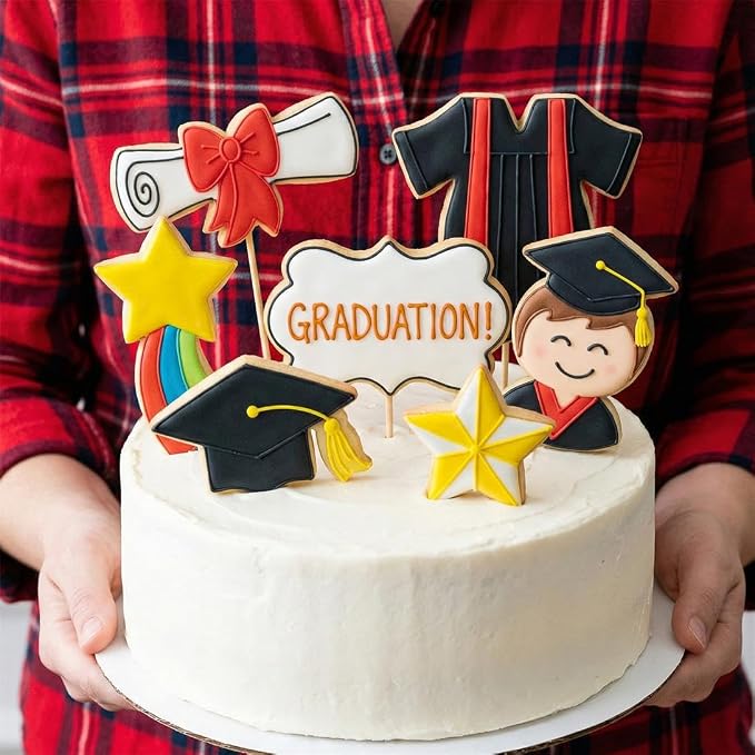 Graduation Cookie Cutters Set of 7, Stainless Steel, Cap Gown Diploma Graduate Star Shapes, for Graduation Celebration Party