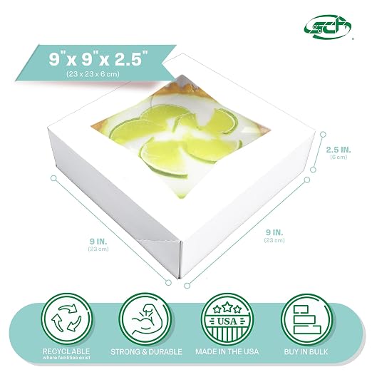 SCT White Window Bakery Box (200 Pack) 9x9x2.5, Auto Pop-up Bakery Carrier for Pies, Donuts, Pastries, White with Clear Lid, 24133