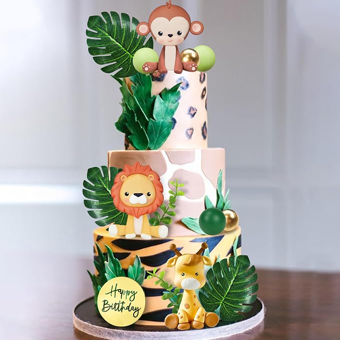 Jungle Safari Animal Cake Topper with Colourful Balls Plam Leaves Cake Decoration for Wild Theme Birthday Supplies (STYLE 3)
