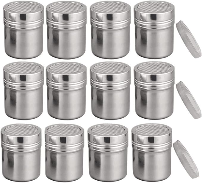 Powder Shaker with Lid,Stainless Steel Fine Mesh Shaker, for Sifter Cocoa,Cinnamon Powder,Icing Sugar,Chocolate Coffee (Small-12Pcs)