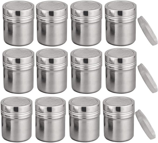 Powder Shaker with Lid,Stainless Steel Fine Mesh Shaker, for Sifter Cocoa,Cinnamon Powder,Icing Sugar,Chocolate Coffee (Small-12Pcs)