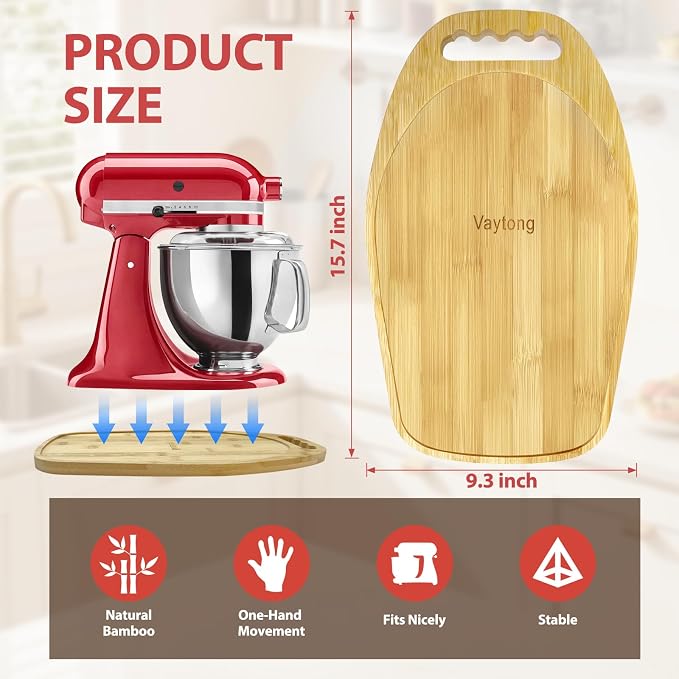Bamboo Mixer Slider for 4.5-5 Qt Tilt Head Standing Mixer, Kitchen Accessories and Attachments for Countertop Storage Mover Sliding Tray with Ergonomic Handle