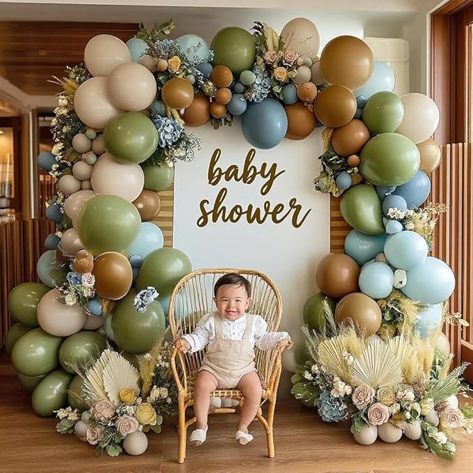 Blue Green Brown Balloon Garland Double Stuffed Dusty Blue Sage Green Balloons Olive White Sand Latex Balloon Arch Kit for Bear Baby Shower Birthday Woodland Wild One Party Decorations