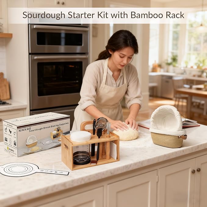 Nikkar Complete Sourdough Starter Kit with Bamboo Storage Rack Bread Basket | 12 Set Sourdough Bread Baking Supplies with Glass Sourdough Starter Jar for Bread Making Baking Fermentation