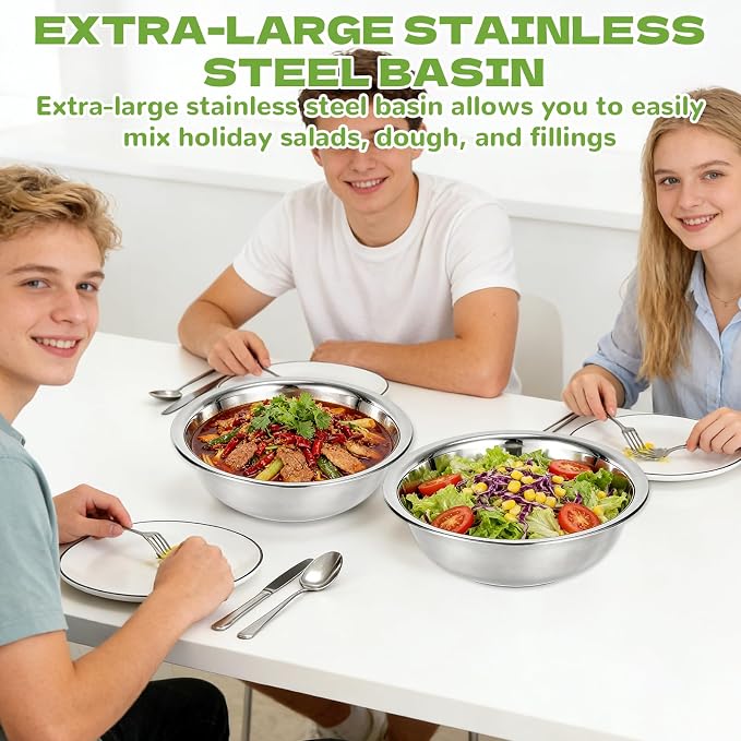 8 PCS Stainless Steel Mixing Bowls 13 Inch 8 Qt Extra Large Metal Basin with Mirror Finish, Heavy-Duty Salad Dough Bowl Kitchen Prep Bowl Dishwasher Safe Dish Tub for Home & Commercial Cooking